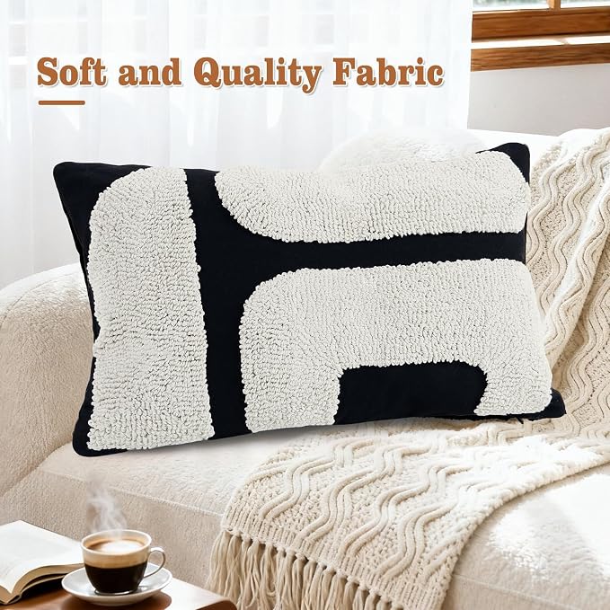 LandIdyll 4 Pcs Black and Cream Chunky Tufted Pillow Covers 12 x 20 Inch Boho Black and White Throw Pillow Covers Set Decorative Modern Abstract Geometric Pillowcase for Living Room Bed Couch Sofa