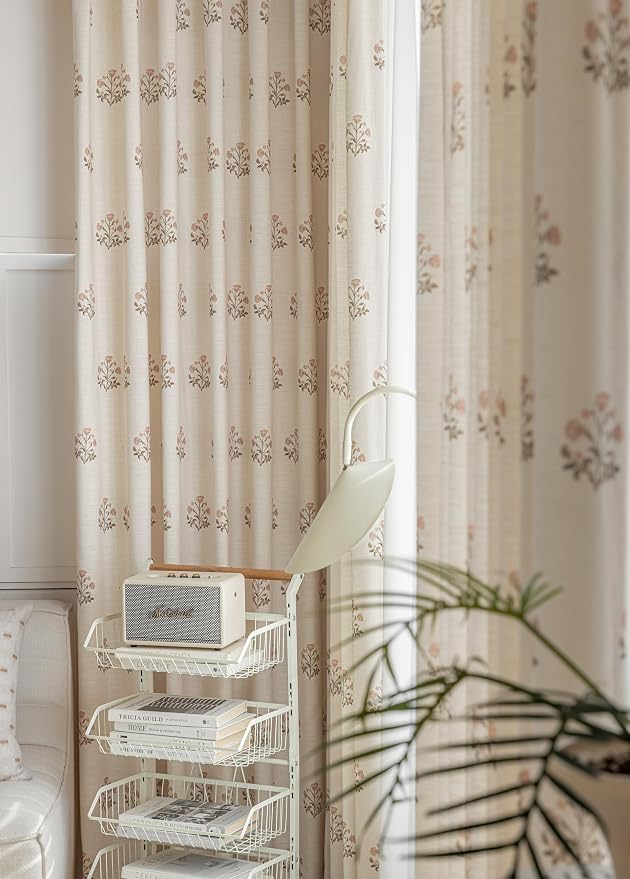 DrapePalette - Linen Blend Pinch Pleated Curtains 84 Inches Long for Living Room, Bedroom, Dining Room, Light Filtering Curtains 2 Panels Set, Modern Floral Printed Design, Beige White, 30" W x 84" L