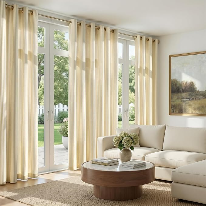 jinchan Linen Curtains 96 inch Yellow Stripe on White Grommet 2 Panels | Curtains for Living Room Bedroom,Ticking Vertical Stripe Pattern,Modern Farmhouse Drapes, Window Treatment,Light Filtering