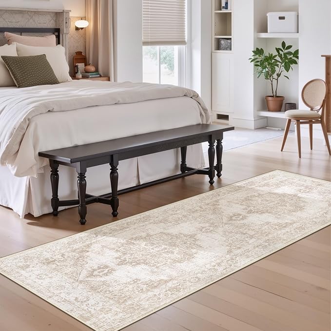 Area Rug 2x8 Runner Rug: Washable Vintage Hallway Rugs Indoor Medallion Rug Low Pile Distressed Floor Carpet Retro Accent Rugs for Kitchen Bedroom Bathroom Dining Room(Beige, 2'x8')