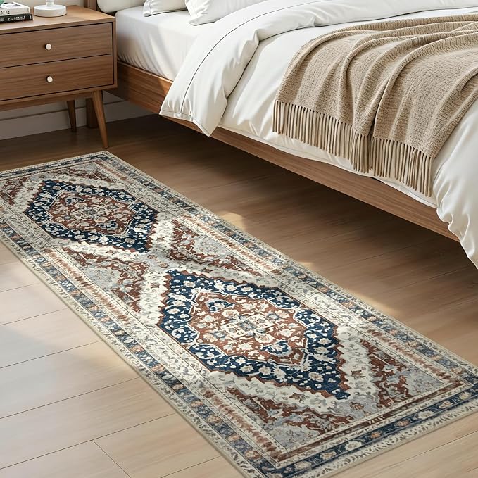 Joydeco Washable 2x6 Hallway Runner Vintage, Beige & Blue & Reddish-Brown | Water Resistant Low Pile Non Slip Backing for Kitchen Entryway Bedroom Bathroom Dining Room