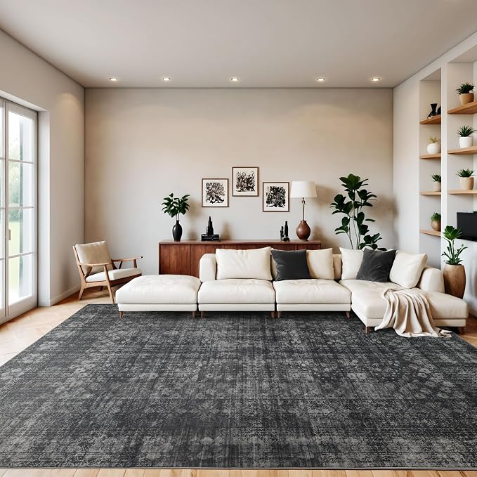 5x7 Vintage Washable Area Rug, Dark Black | Living Room,Low Pile,Non Slip,Non-Shedding,Soft Indoor Stain Resistant,Floral Print Mat for Bedroom Dining Room