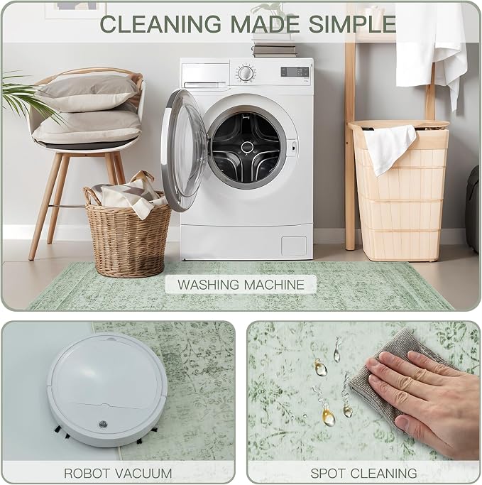 6x9 Vintage Washable Area Rug, Light Green | Living Room,Low Pile Non Slip Carpet Non-Shedding Soft Indoor Stain Resistant Floral Print Mat for Bedroom Dining Room