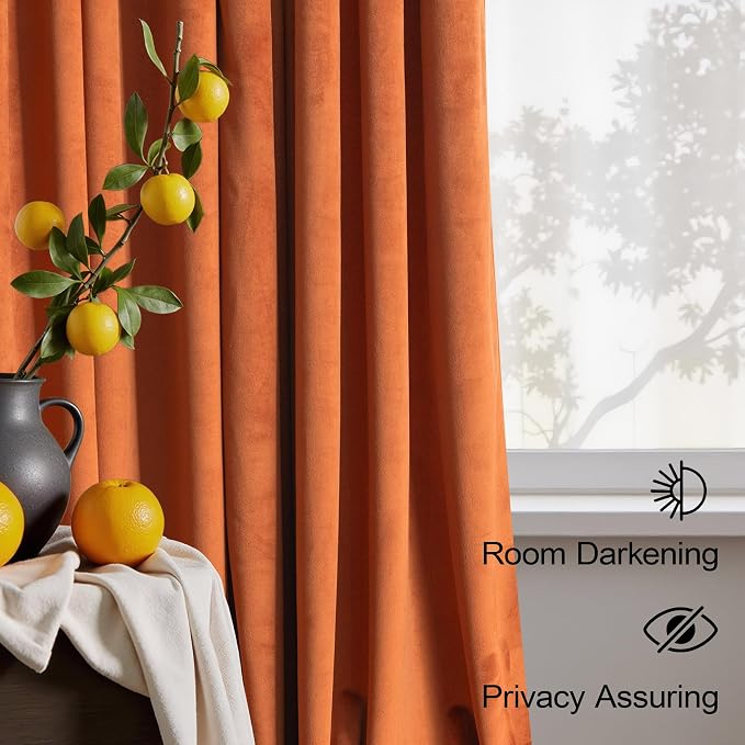 Burnt Orange Velvet Curtains 84 Inch Length for Living Room Darkening 2 Panels Back Tab Pocket Thermal Insulated Fall Long Drapes Western Curtains for Bedroom Mid Century Modern Decor Terracotta Rust