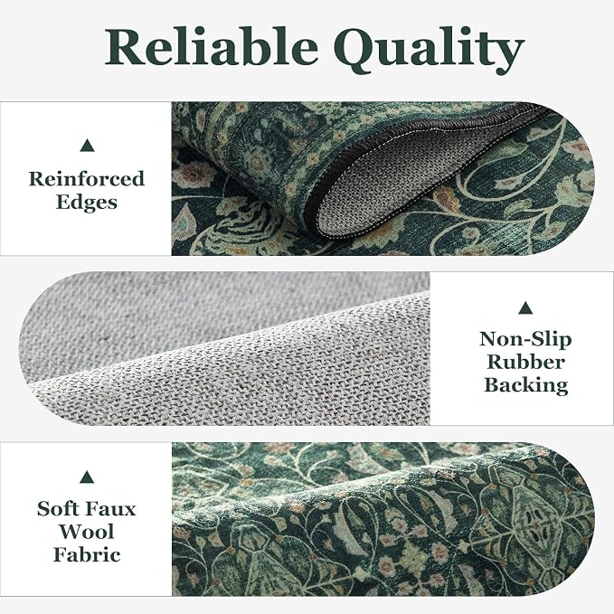Dark Green 6x9 Area Rugs Washable, Vintage Boho Floral Moroccan Pattern Printed Carpet Rug for Living Room Bedroom, Low Pile Thin Room Rug with Rubber Backing Non Slip for Dining Room Office