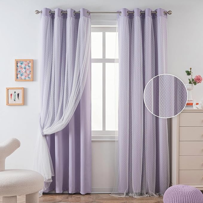 MYSKY HOME Lilac Curtains for Girls Bedroom & Nursery Kids Purple Lavender Blackout 90 Inch Curtains Double Layer with Polka Dots Sheer, Grommet Tops, 52" Wide, 2 Panels