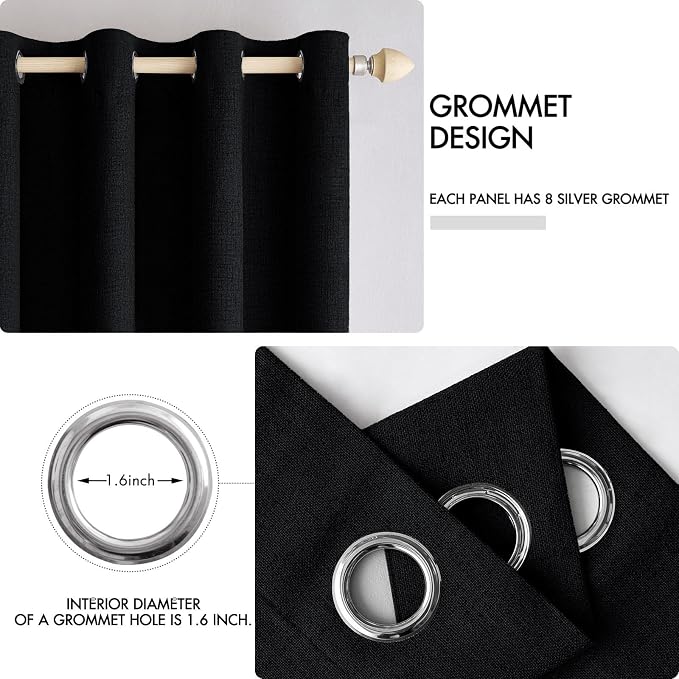MIULEE Linen Texture Curtains for Bedroom Solid 100% Blackout Thermal Insulated Halloween Black Curtains Grommet Room Darkening Drapes for Living Room 52x63 Inch (2 Panels)