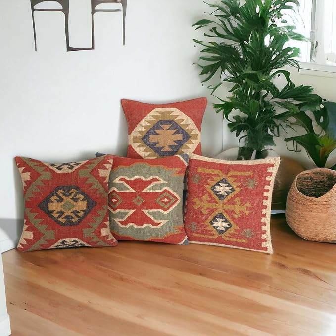 Set of 4 Wool Jute Vintage Kilim Cushion Covers,Home Decor Pillowcases Handwoven Turkish Pillow Decorative Throw Pillow Covers (Multicolor-8)