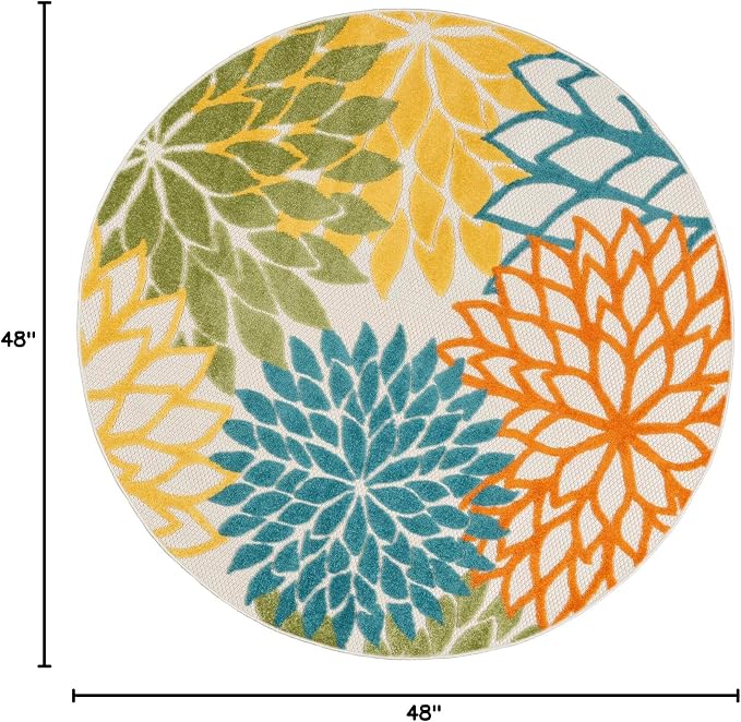 Nourison Home Aloha Turquoise Multicolor 4' x Round Area Rug - Easy Clean, Non Shedding, Bed Room, Living Room, Dining Room, Kitchen (4' x Round)