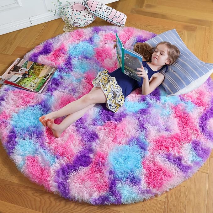 Amdrebio Pink Blue Purple Round Circle Area Rug 6Ft for Girls Bedroom, Large Fluffy Cute Fuzzy Colorful Pastel Kids Rugs for Nursery Playroom Classroom, Shag Princess Carpet for Baby Toddler Teen