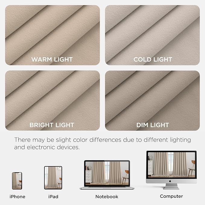 Joydeco 100% Blackout Velvet Curtains Light Beige 102 Inch Back Tab | Luxury Thermal Insulated Velvet Curtains for Bedroom Living Room, Soundproof Blackout Window Drapes
