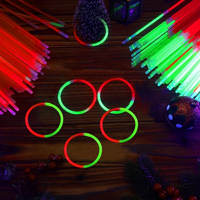 Syhood 120 Pcs Glow Sticks Bracelets for Christmas Bulk 8 Red and Green Bicolor Glow Stick Bracelets with Connectors Xmas Glow Stick Accessories for Christmas Neon Glow in the Dark Party