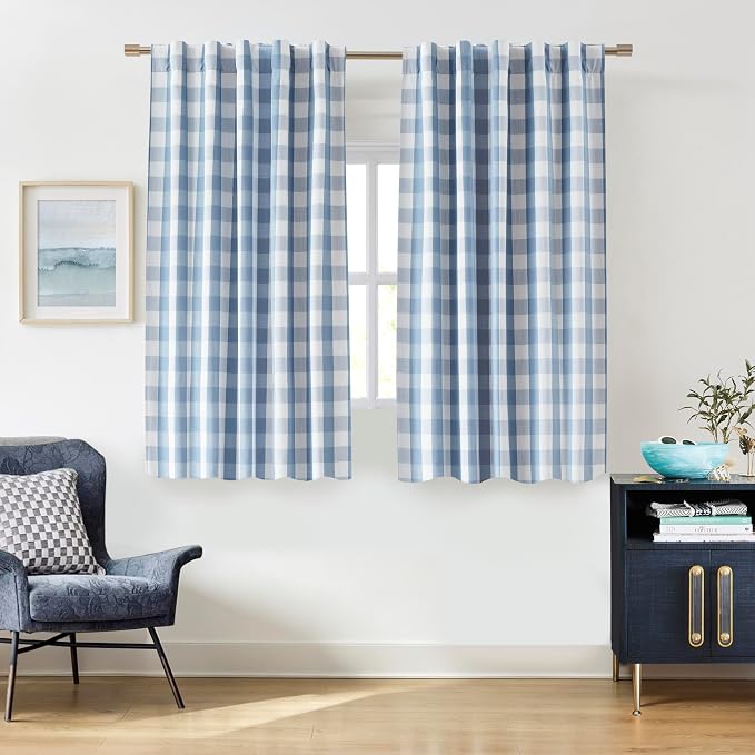 Plaid Full Blackout Curtains 63 Inch Long for Bedroom Living Room | Dusty Blue and White Pattern Drapes with Room Darkening Liner,Modern Window Treatment,Rod Pocket Back Tabs,52"Wx63"Lx2