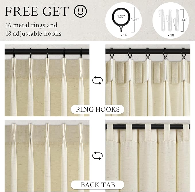 Topfinel 108 Inch Pinch Pleated Curtains 2 Panels,Cream Semi Sheer Curtains with Pleated Hooks Back Tab for Track System,Extra Long 9ft Curtain for Living Room Bedroom,40x108,Beige