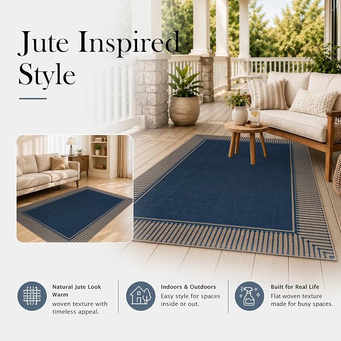 Moynesa 5x7 Rug for Living Room, Blue Striped Border Easy Jute Washable Indoor Outdoor Patio Area Rugs, Farmhouse Neutral Non Slip Carpet for Bedroom Dining Room Backyard