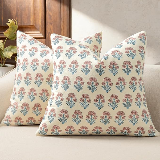 Farmhouse Floral Pillow Covers 20x20 Set of 2, Country Botanical Throw Pillow Cover for Sofa Couch Bed Living Room, Earthic Vintage Flower Cushion Covers Cottage Home Decor,Coastal Sky