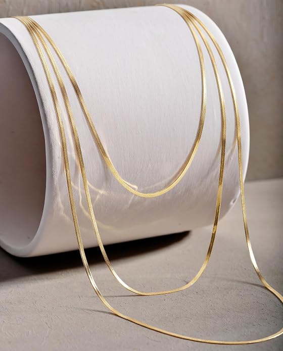 WomenGifts 14K Gold Silver Plated Herringbone Necklace for Women, Dainty Snake Chain Choker, Trendy Simple Long Layered Jewelry Non Tarnish, 3/4/5/8mm,14,16,18,20,22,24,26 Inch Thin & Chunky Options