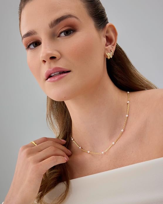 PAVOI 14K-18K Gold Plated Dainty Pearl Necklaces for Women - Station Beaded Choker Paperclip Chain Gold Pearl Necklace Bridal Jewelry