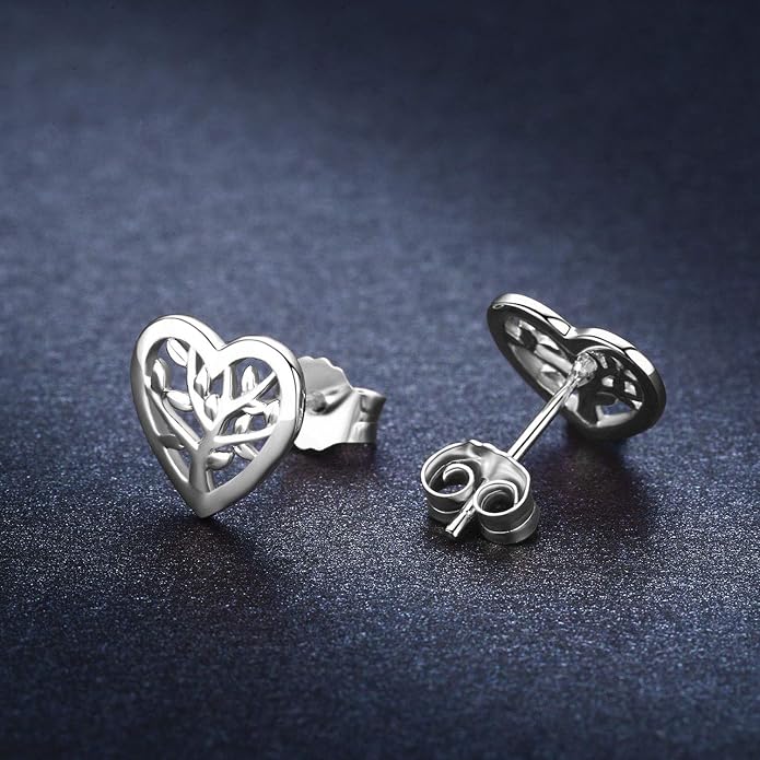Tree of Life Earrings, 925 Sterling Silver Heart Shaped Studs for Women, Hypoallergenic Earrings for Sensitive Ears Gifts for Women with Gift Box…