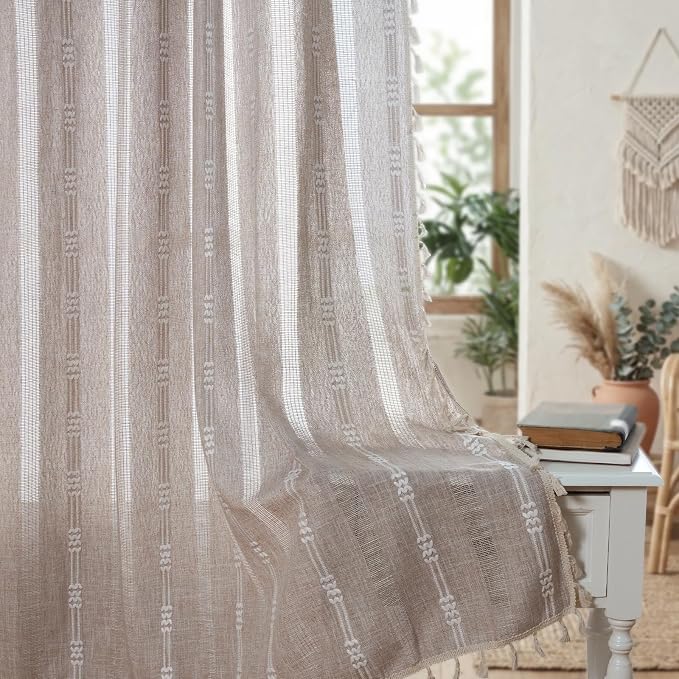 ColorBird Boho Curtains Linen-Textured for Living Room Bedroom Natural Brown 63 Inch Length Farmhouse Light Filtering Neutral Embroidered Striped Linen Drapes 2 Panels Window Treatment