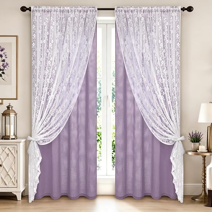 ASPMIZ Linen Curtains for Living Room Double Layer Curtains with Linen Lace, Purple Curtain for Bedroom Light Filtering, Rod Pocket Drapes 84 Inch Length 2 Panels Set with 2 Tiebacks, 52x84