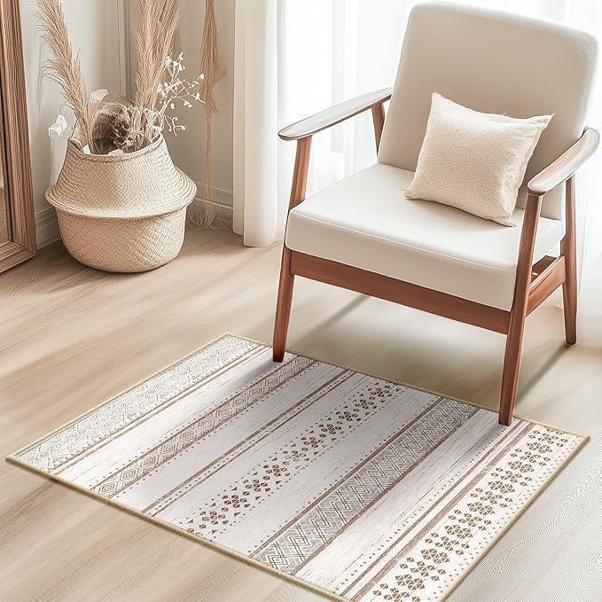 BESTSWEETIE 2x3 Area Rugs for Living Room Washable Moroccan Farmhouse Neutral Geometric Low Pile Non-Slip Soft Print Pattern Rug for Bedroom Kitchen Dining Room Entryway Cream/Brown/Pink