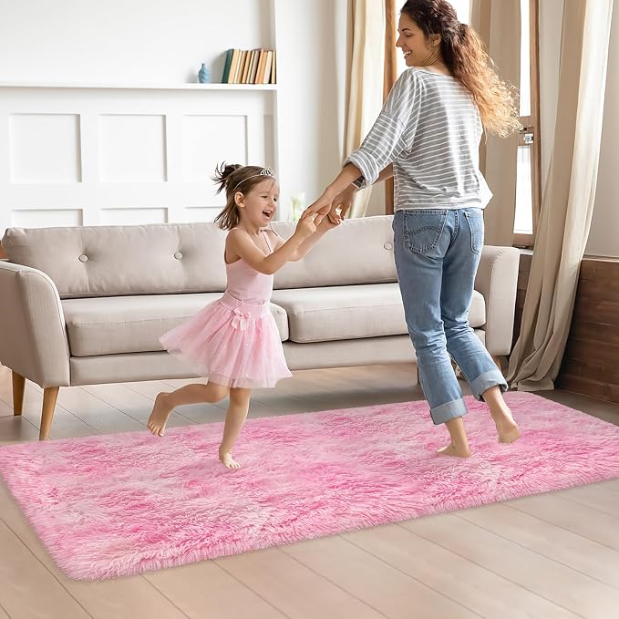 Plush Fluffy Pink Rugs for Bedroom Girls Room 2x6 Runner Pink Area Rug for Bedroom Bedside Living Room Hallway Fuzzy Shag Carpet for Kids Room Nursery