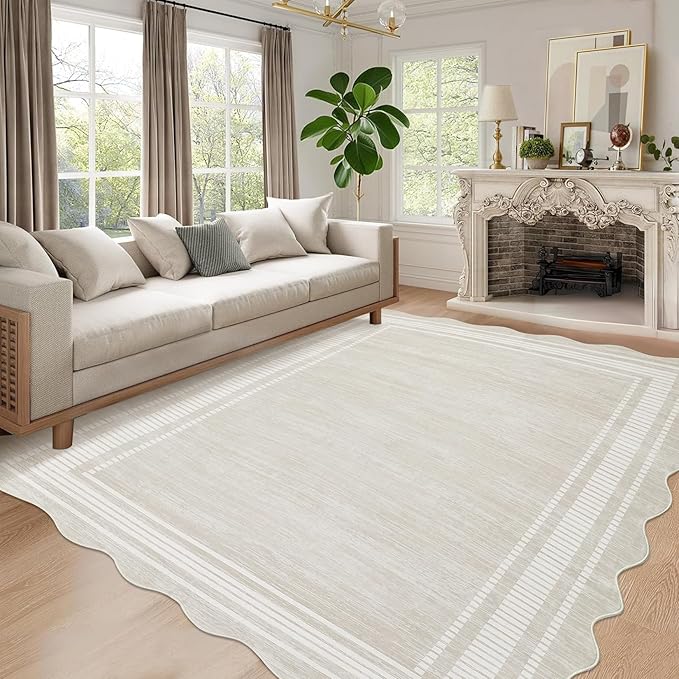 Garvee Scalloped Modern Abstract Area Rug 8x10 Washable Rug for Living Room, Non-Slip Soft Carpet for Bedroom, Scalloped Low-Pile Solid Print Accent Rug for Dining Room Home Office, Beige | Rugs for Living Room, Non-Slip Soft Carpet for Bedroom, Scallo...