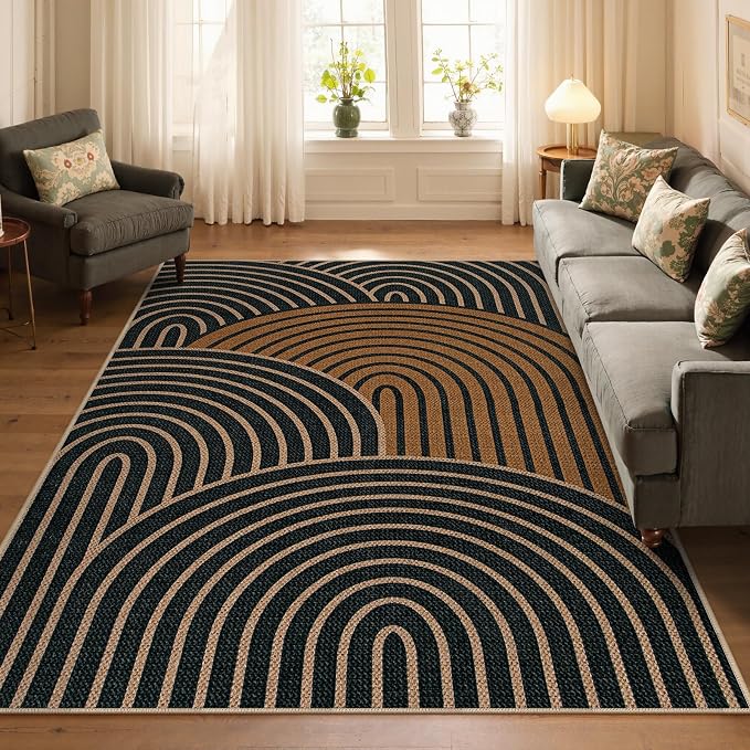 Lahome Enfys Modern Rainbow Easy Jute Carpet, Washable Rugs 5x7 for Living Room Black Farmhouse Dining Room Rug, Contemporary Natural Throw Mat Non Slip Floor Carpet for Office RV Patio