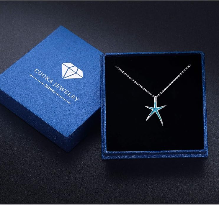 Cuoka Starfish Necklace, 925 Sterling Silver with Opal, Hawaiian Beach Nautical Ocean Pendant, Starfish Jewelry Opal Jewelry Valentine for Women Girlfriend