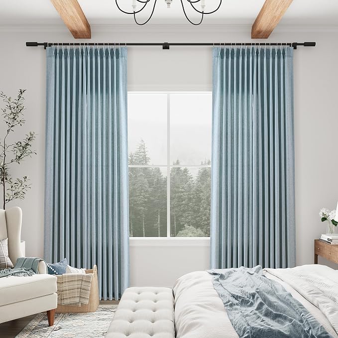 Aersas Light Blue Pinch Pleated Linen Curtains 120 Inches 2 Panels for Living Room Bedroom Privacy Windows Treatment Sliding Glass Door Light Filtering Curtain House Vintage Decor Sky Sea, 40x120