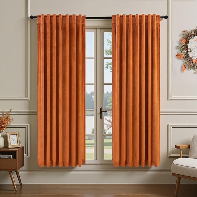 Burnt Orange Velvet Room Darkening Curtains 63 Inch Length 2 Panels for Bedroom Western Fall Decor Heavy Retro Short Drapes Luxury Living Room Curtains for Dining Kitchen Laundry Terracotta Rust 52x63