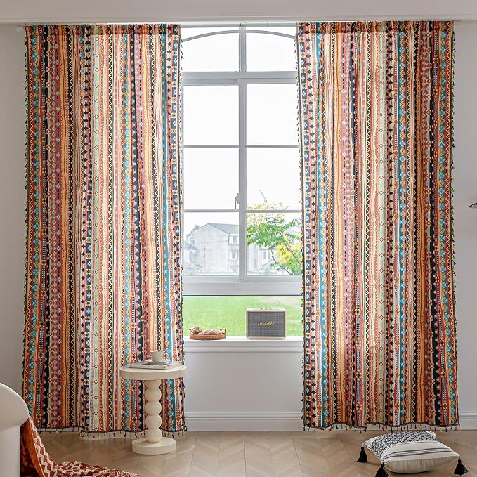 Boho Curtains Geometric Light Filtering Semi-Blackout Window Curtains 54 Inches Long Rod Pocket Drapes for Living Room 2 Panels-Vintage Red