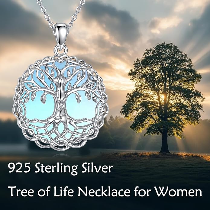 VONALA Tree of Life Necklace 925 Sterling Silver Abalone/Crystal Celtic Knot Family Tree Filigree Pendant Necklace Tree Jewelry Gift Women
