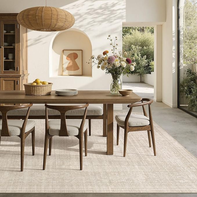 Nakagishi 7x10 Area Rugs Living Room: Washable Large Vintage Rug Neutral Non-Slip Soft Stain Resistant Indoor Carpet for Bedroom Nursery Dining Room Office Playroom - Beige