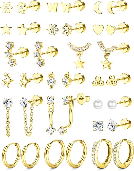 Hypoallergenic Flat Back Earrings 14K Gold Plated Cartilage Earring Stacks for Sensitive Ears Surgical Steel Small Huggie Hoops Flatback Stud Earrings Set for Multiple Piercing Jewelry Gift for Women