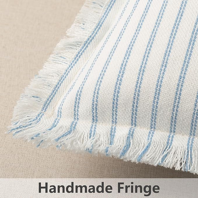 ZWJD Throw Pillow Covers 20x20 Set of 2 Striped Pillow Covers with Fringe Chic Cotton Decorative Pillows Square Cushion Covers for Sofa Couch Bed Living Room Farmhouse Decor (Light Blue)