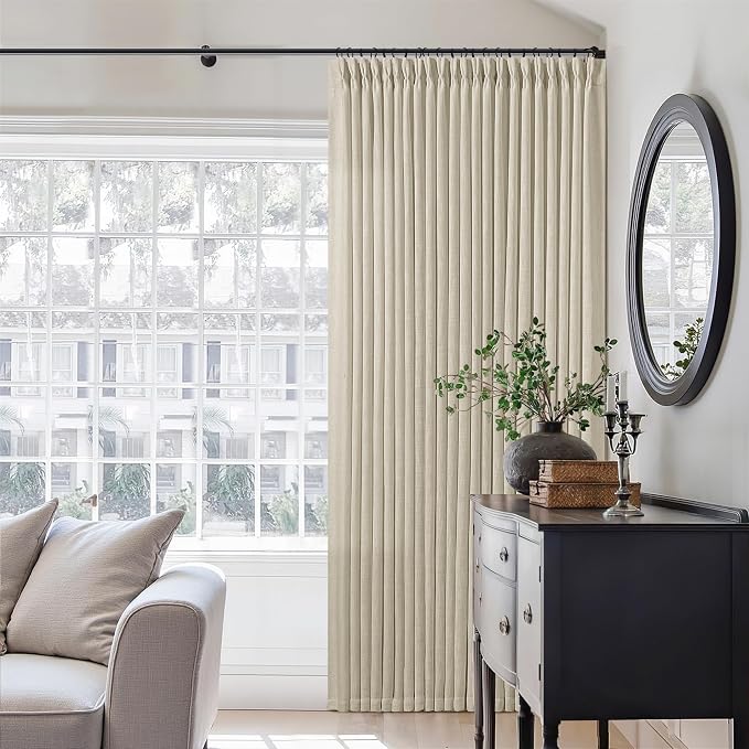 Extra Wide Pinch Pleat 100 x 102 Inch Linen Semi Sheer Curtains 1 Panel | Neutral Beige, for Living Room Patio Glass Sliding Door Dining Bedroom Large Window, Light Filter, Pinch Pleated W100xL102