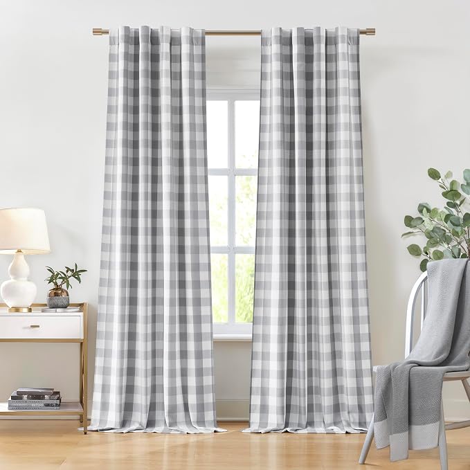 95 Inch Plaid Blackout Curtain Panels for Bedroom Living Room | Grey White Farmhouse Drapes with Rod Pocket Back Tabs,Thermal Insulated Window Treatment,40"Wx95"Lx2