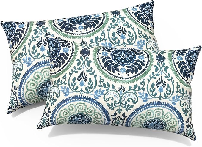 12x20 Inch Outdoor Lumbar Pillow Covers Pack of 2, All Weather Cushion Pillow Cases, Pillowcase for Patio Couch Decoration, Celadon Wreath