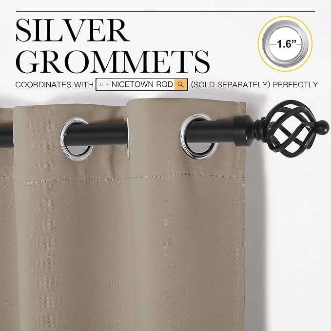 NICETOWN Window Curtain Panels, Thermal Insulated Solid Grommet Blackout Draperies/Drapes for Basement (Taupe, 1 Pair, 34 by 84-inch)