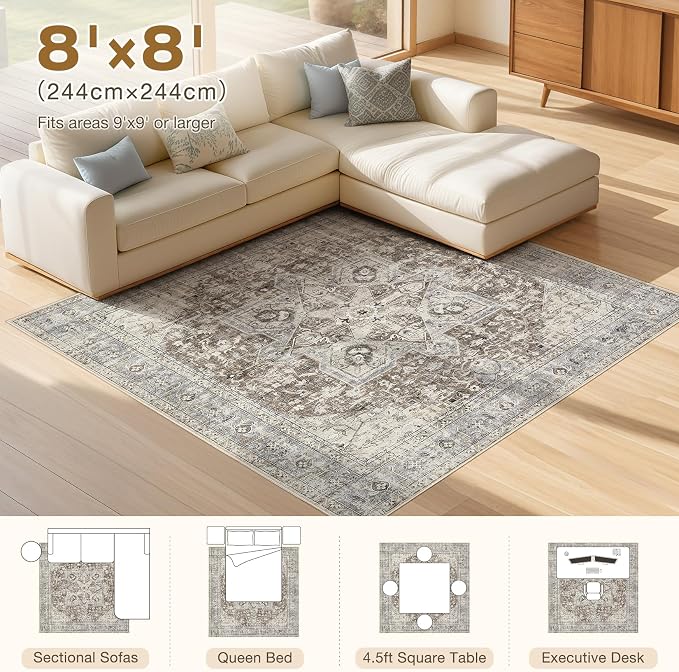 Tortania 8' Square Area Rug Living Room Rugs - Washable Boho Rug Vintage Oriental Distressed Farmhouse Large Thin Indoor Carpet for Bedroom Under Dining Table Home Office - Brown Blue