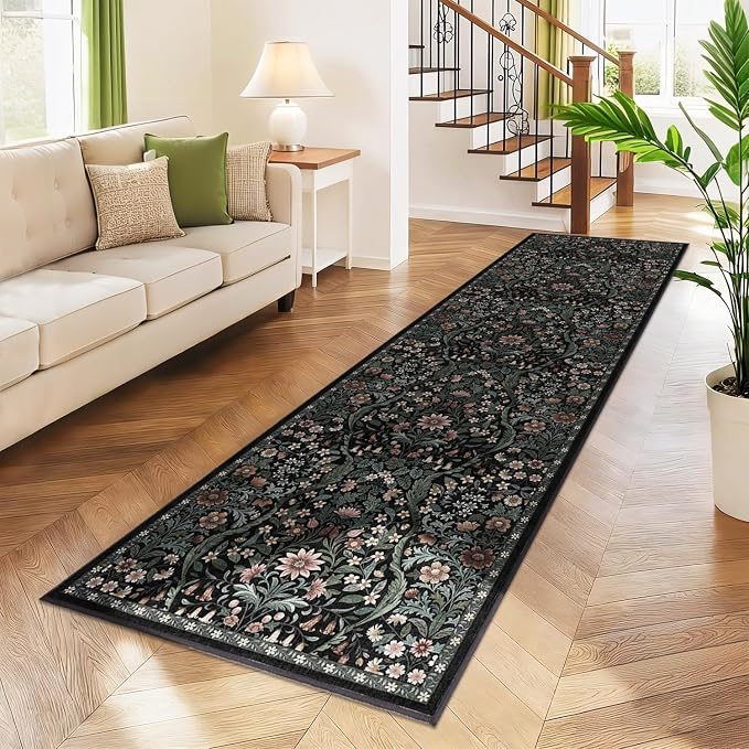 3x10 Washable Runner Rug,Black Floral Boho Area Rug for Hallway,Low-Pile Non-Slip Stain Resistant Carpet for Kitchen, Bedside,Laundry Room,Entryway