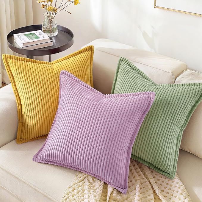 decorUhome Fall Corduroy Lilac Throw Pillow Covers 24x24 Set of 2 | Euro Sham Couch Decorative Soft Modern Boho Farmhouse Pillow Covers Broadside Striped Pillow Cases for Living Room Bed Sofa