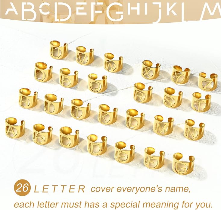 KeyStyle Bold Initial Letter Rings Adjustable, GoldChic Jewelry Women Gold Statement Ring Personalized Engraved Women’s Open Signet Ring for Party (Gold, White Gold, Black)
