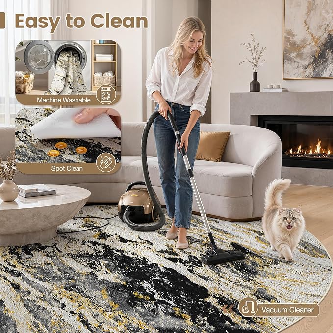 Area Rugs for Living Room: 8ft Round Abstract Washable Rug Modern Neutral Large Soft Stain Resistant Non-Slip for Bedroom Dining Room Indoor Home Office Carpet - Black Gold