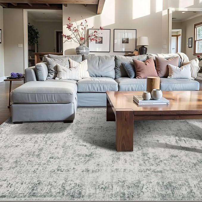 Rugxara Grey Area Rugs 5x7 Washable Rug for Living Room Bedroom | Non Slip, Rug for Dining Room Office Farmhouse Dorm, Stain Resistant, Soft, Vintage Boho Retro Carpet, Low Pile, Home Decor