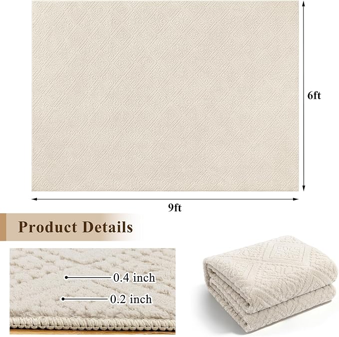 U'Artlines 6x9 Beige Washable Area Rug for Living Room, Soft Fluffy High Low Textured Carpet, Modern Neutral Geometric Non Slip Rugs for Bedroom Dining Room Kids Room