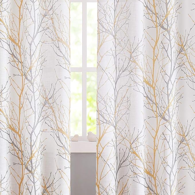 FMFUNCTEX Linen Semi Sheer Curtains for Bedroom, Yellow White Curtains 45 Inches Long for Living Room, Grey Tree Branch Print Curtain Light Filtering Kitchen Window Drapes, Grommet Top 2 Panels | Short Sheer Branch Patterned Drapes, Light Filtering Gro...