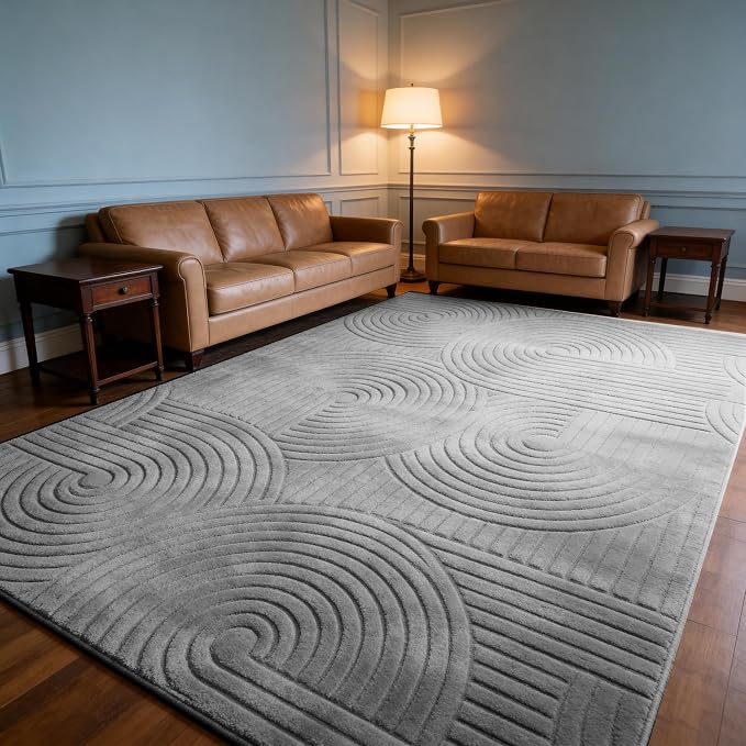 8x10 Grey Area Rug - Washable Fluffy High-Low Pile Gray Rugs for Living Room Bedroom, Modern Geometric Pattern, Non-Slip Textured Indoor Carpet for Nursery, Kids Room, Apartment, Home Office